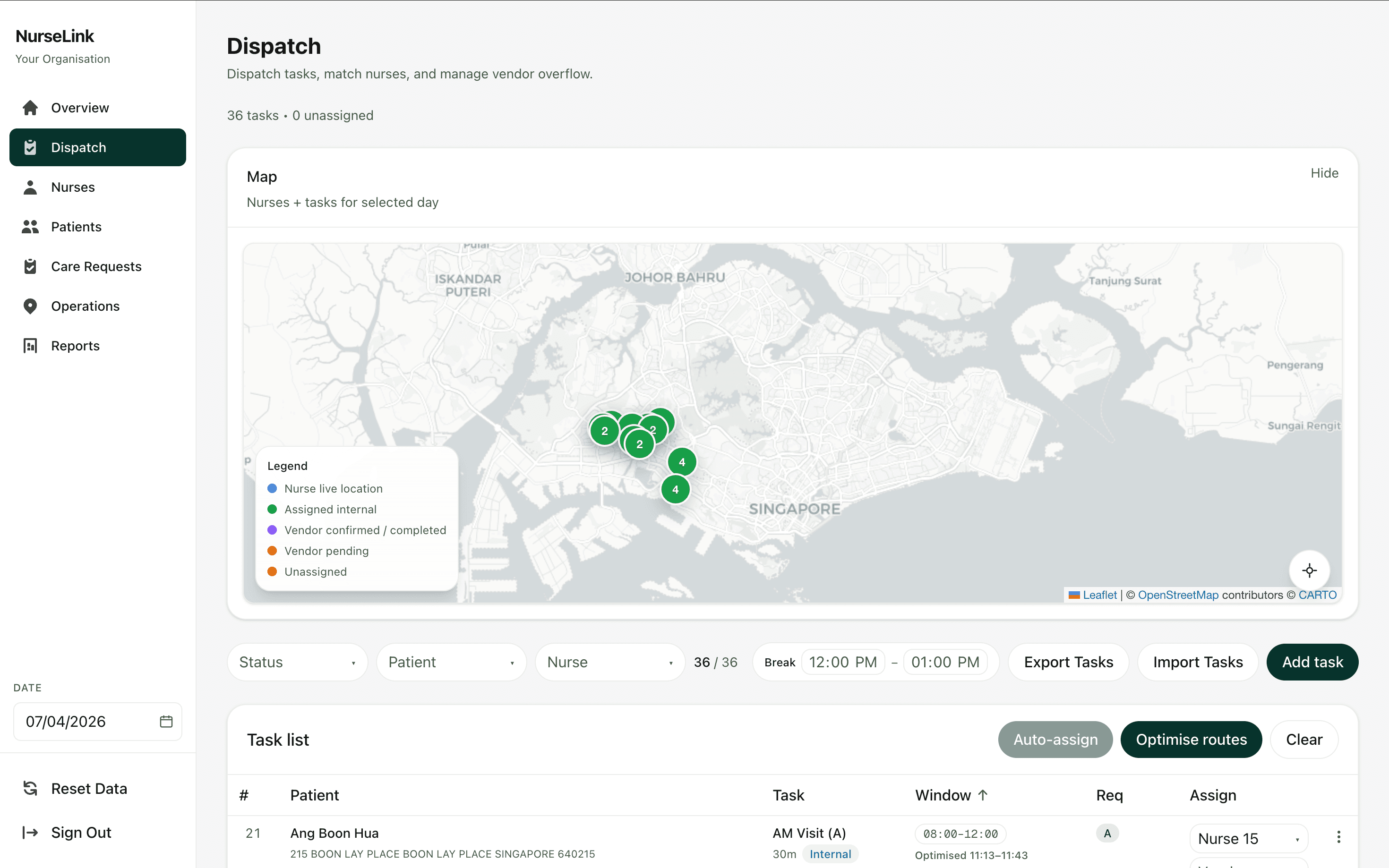 NurseLink dispatch workspace showing a map, task filters, and a task list for home care operations